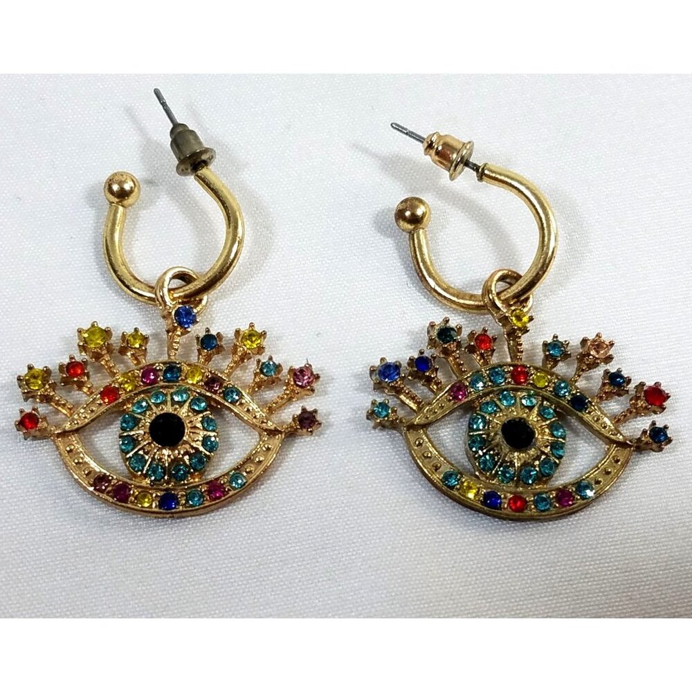 Gold-Tone Evil Eye Earrings Costume Jewelry multicolored stones Unique